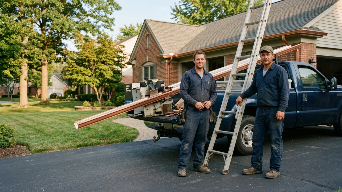 Local Northville gutter crew with a ladder and seamless gutter machine on a driveway