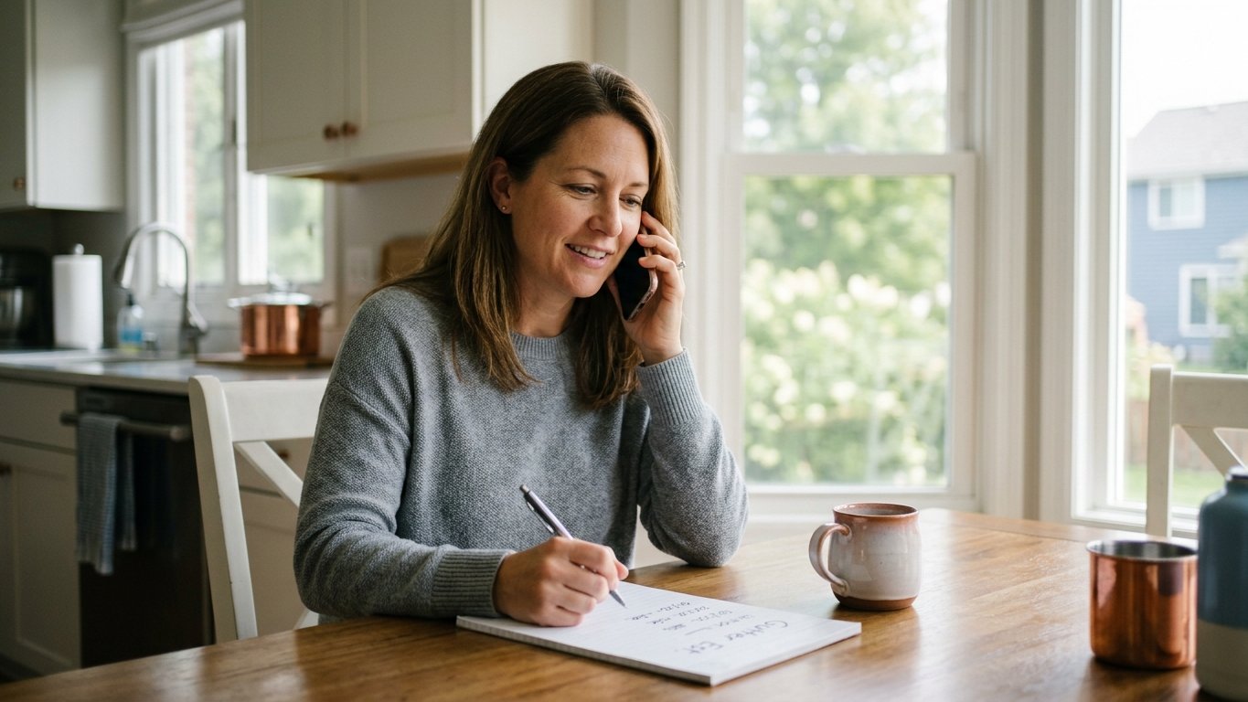 Homeowner on the phone scheduling a free gutter guard estimate at the kitchen table