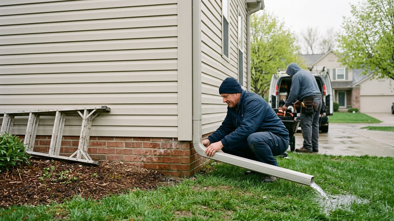 A new downspout and extension routing rainwater away from a home's foundation