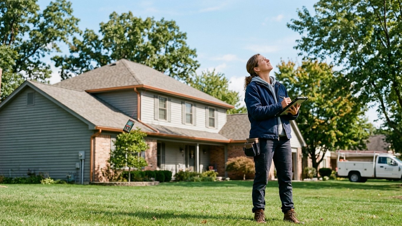 Estimator measuring a roofline to quote a gutter guard installation