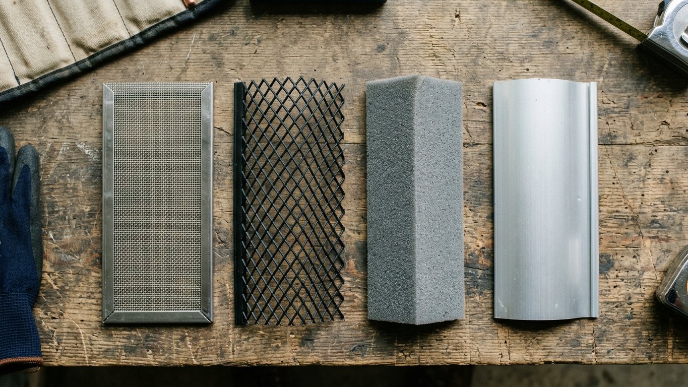 Samples of mesh, screen, and reverse-curve gutter guards laid out for comparison