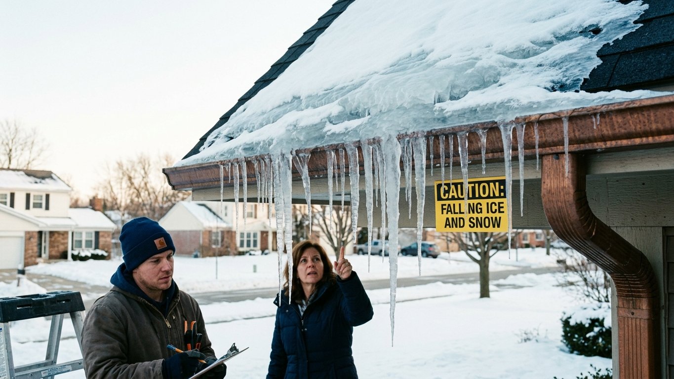 Icicles and an ice dam forming at the eave of a snow-covered Michigan roof
