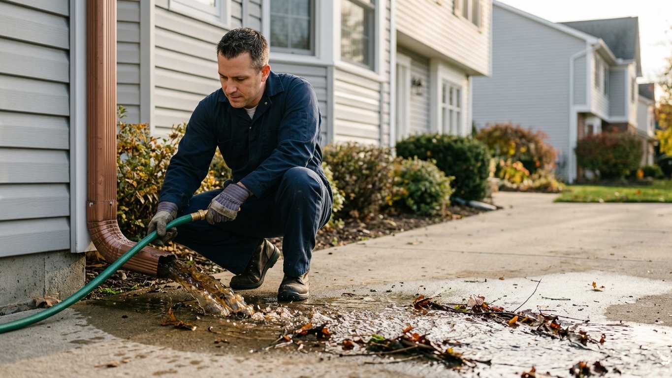 Flushing a clogged downspout clear with a hose to restore drainage