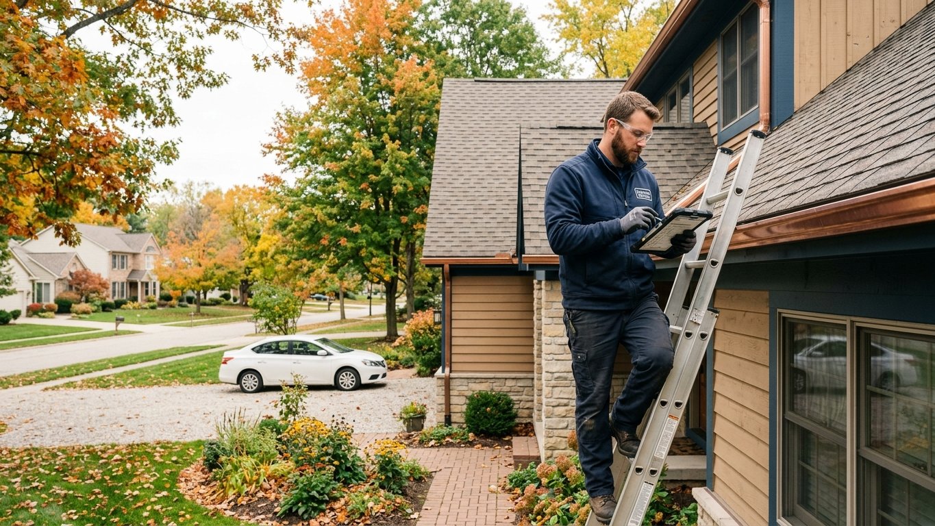 Seasonal gutter maintenance checklist beside freshly cleaned gutters