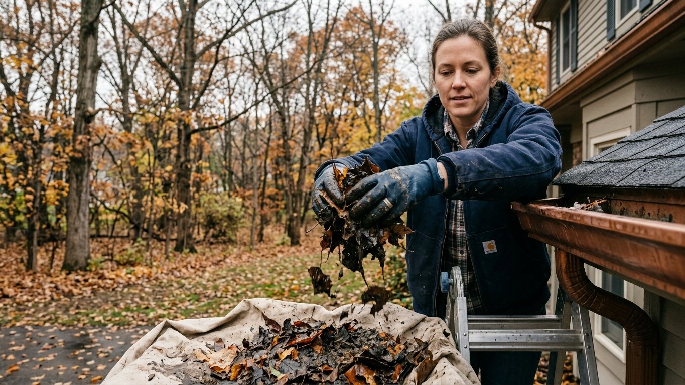 Scooping wet leaves and grit out of a clogged gutter on a fall afternoon