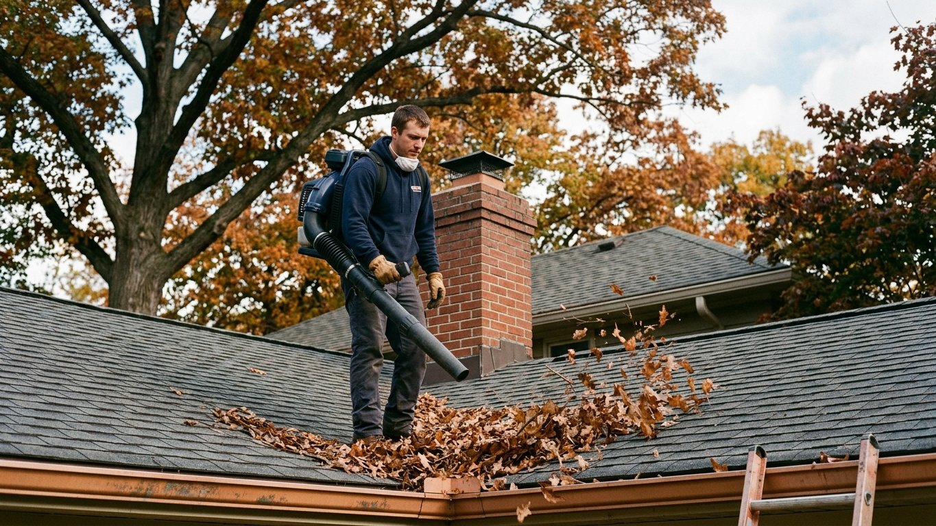 Blowing leaves and twigs off a roof valley before they reach the gutters