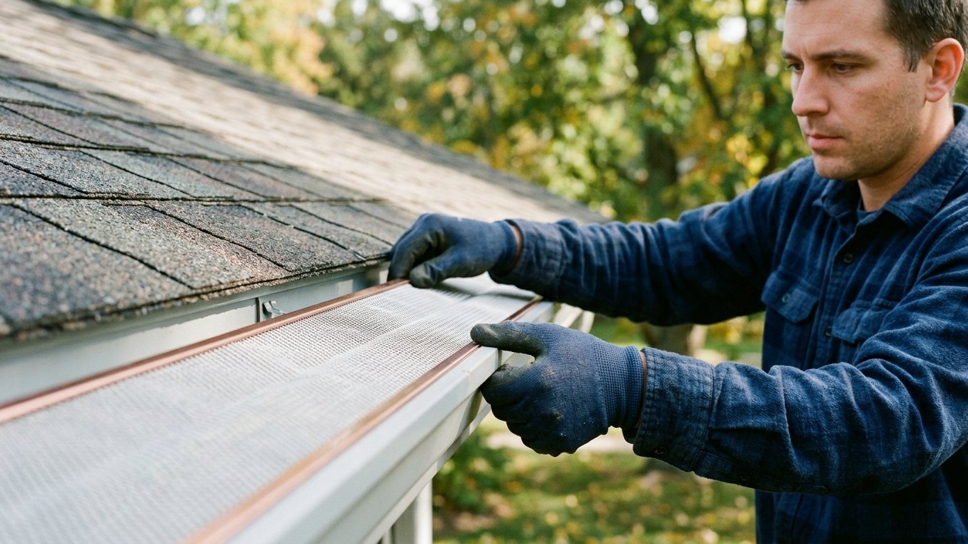 Hands clipping a micro-mesh gutter guard panel onto an aluminum gutter