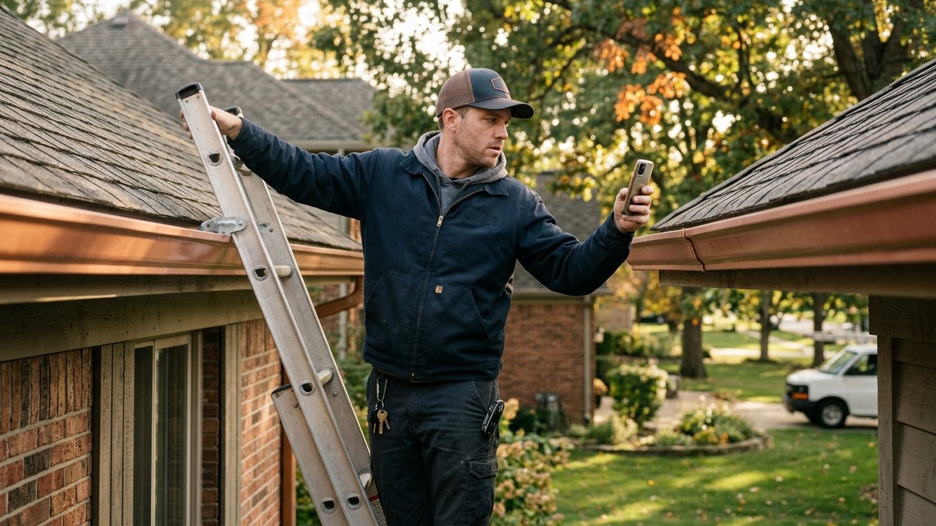 Technician inspecting a gutter system and noting slope and seam condition
