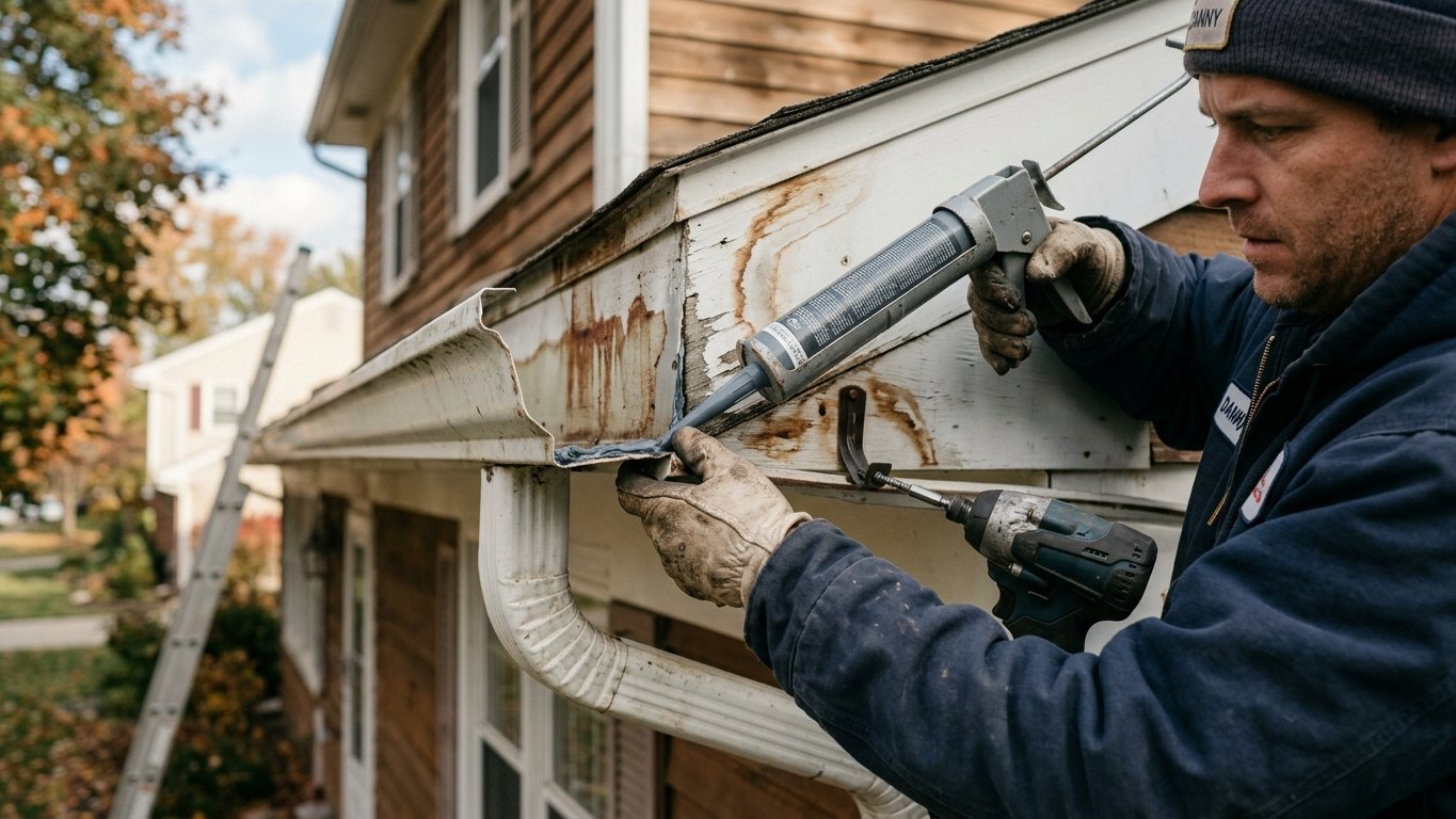 Installer resealing a leaking gutter joint and re-securing a loose hanger