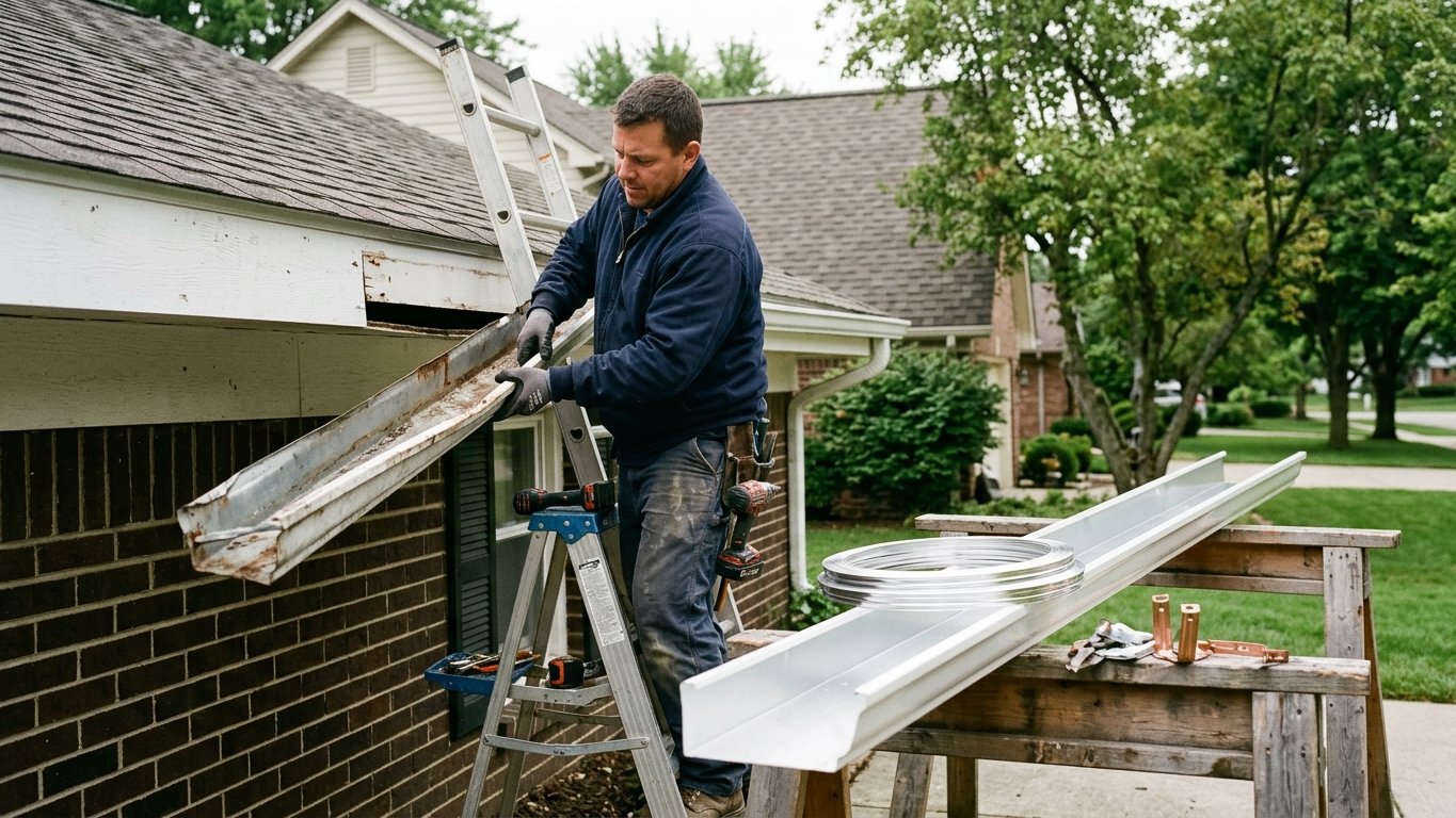 Old sagging gutter being removed and replaced with a new seamless run