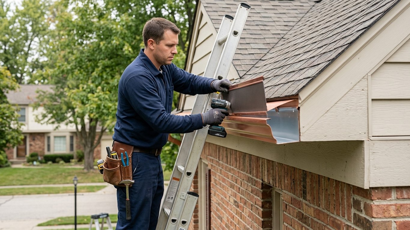 Three steps of a gutter guard project: inspect, clean, then install the guards