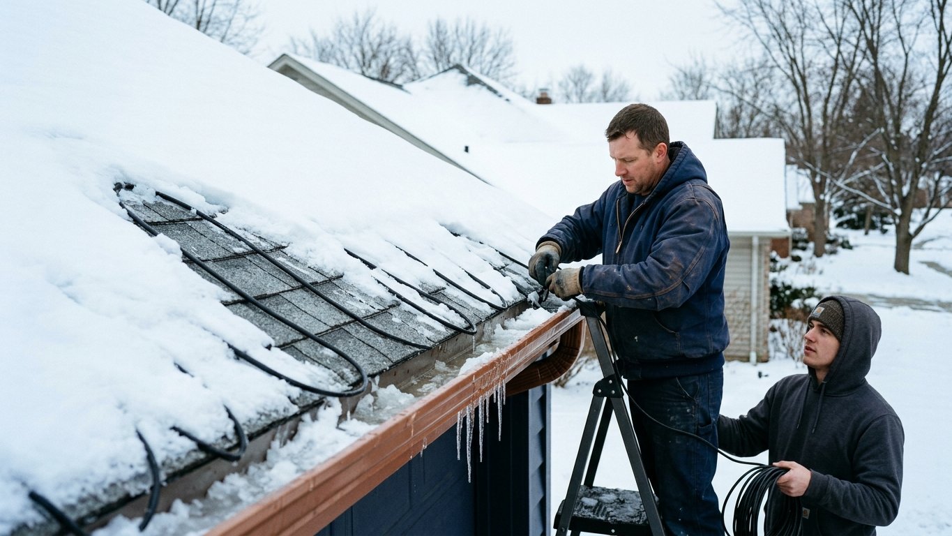 Heated cable zig-zagged along a snowy roof edge to stop ice dams