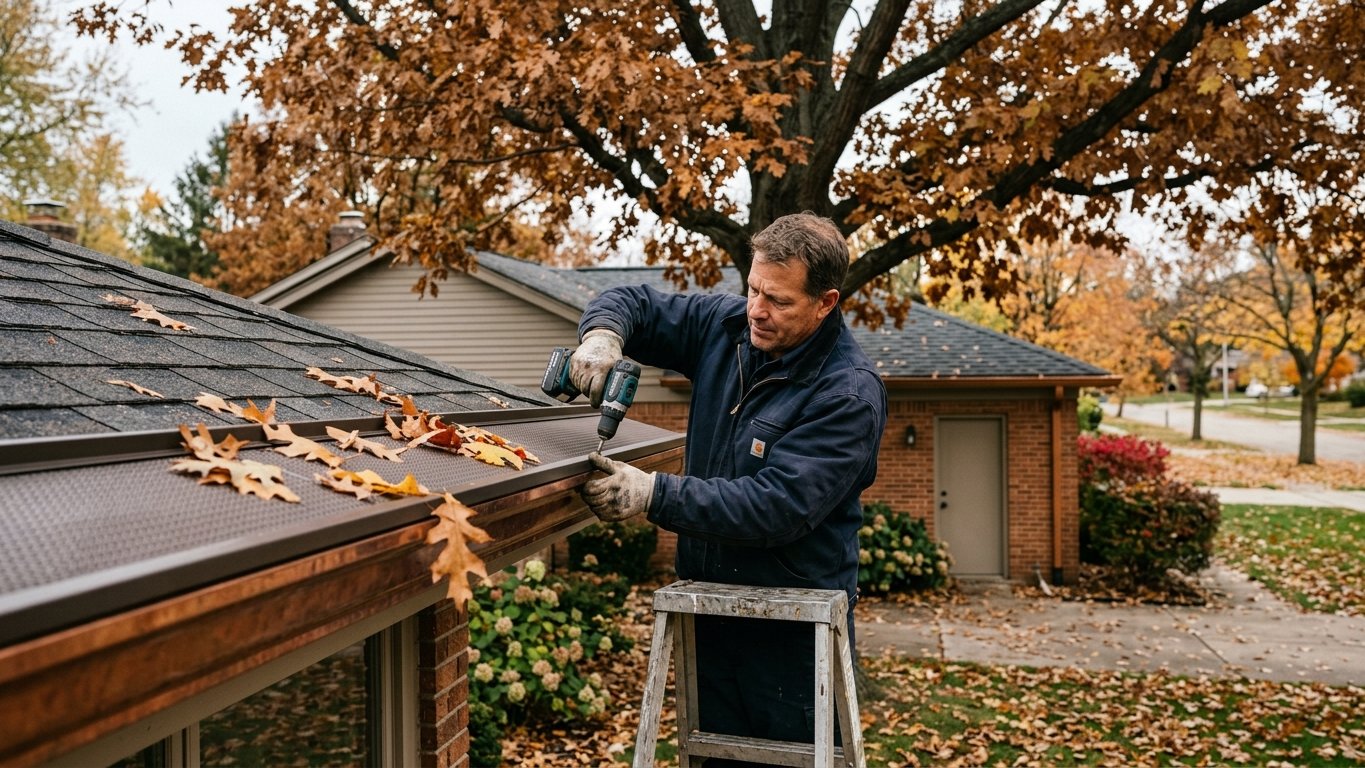 Leaf guard cover deflecting maple leaves off a residential gutter