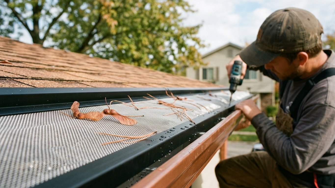 Detail of stainless steel micro-mesh screen keeping debris out of a gutter