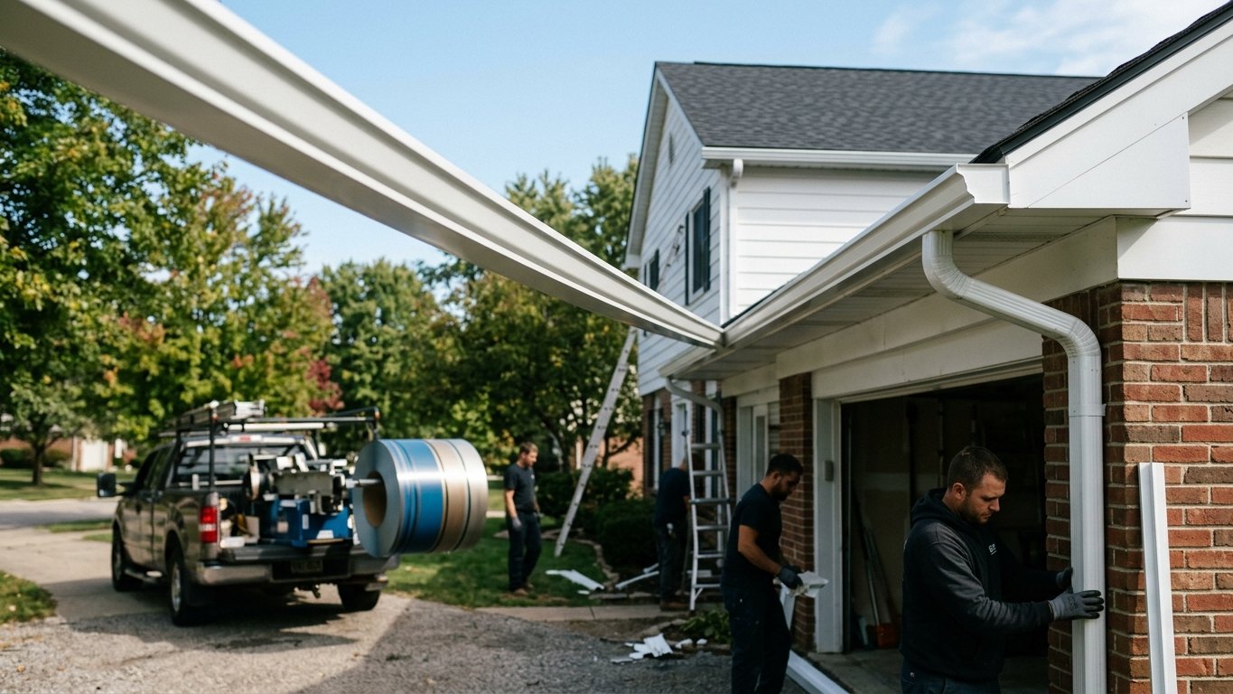 Newly installed seamless aluminum gutters running along a two-story home