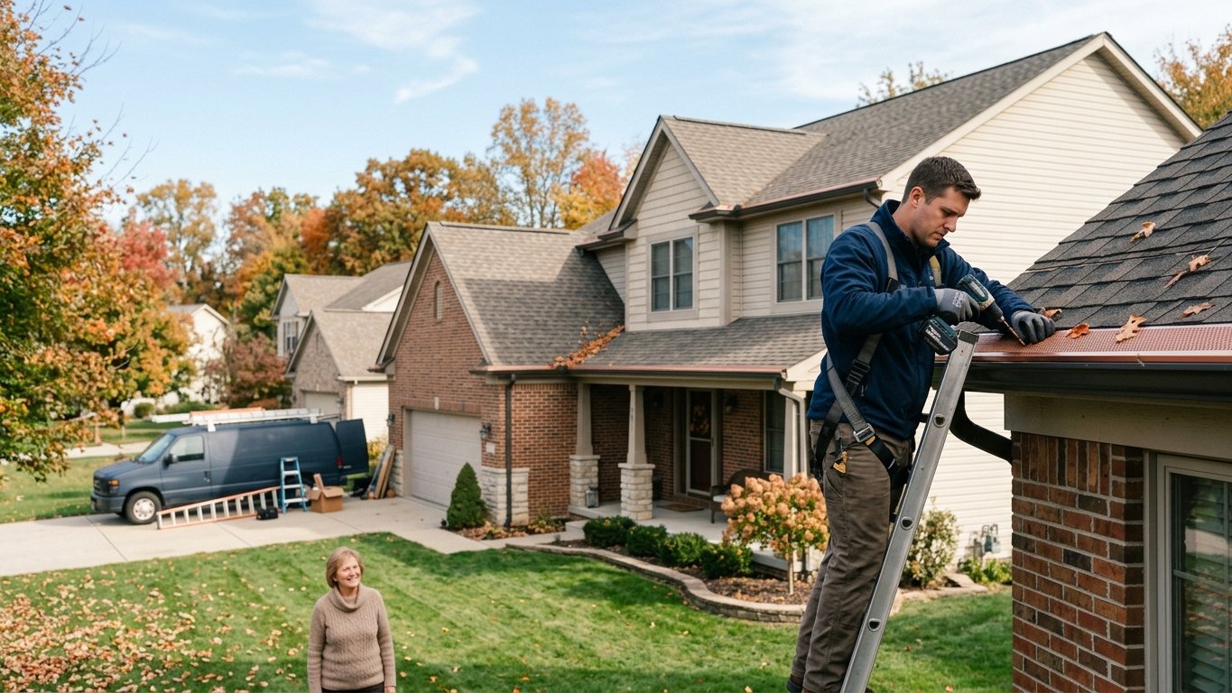 Micro-mesh gutter guards on a family-home subdivision house in Canton, Michigan