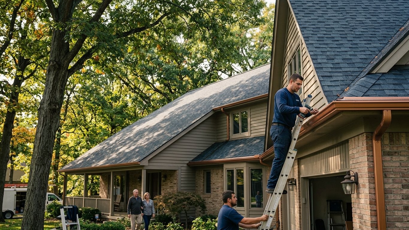 Seamless gutters and guards on a large, leafy home in Farmington Hills, Michigan