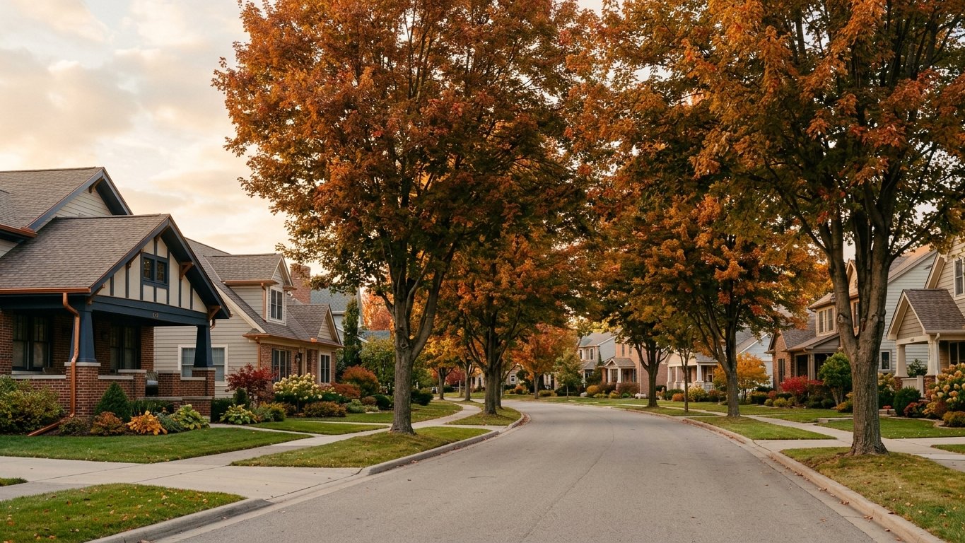 Tree-lined Northville, Michigan neighborhood street with mature maples