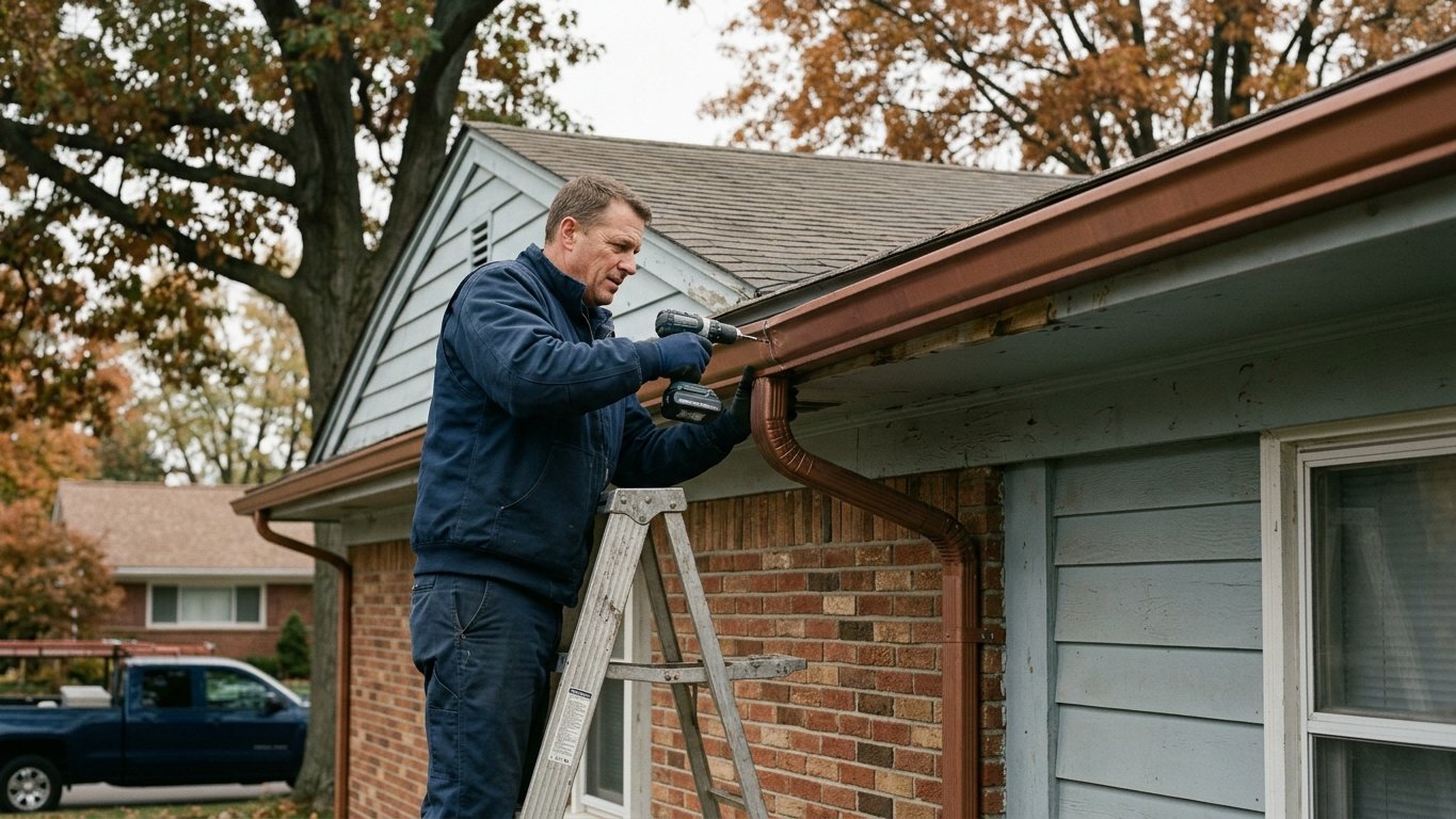 Gutter repair on an established postwar home with mature trees in Livonia, Michigan