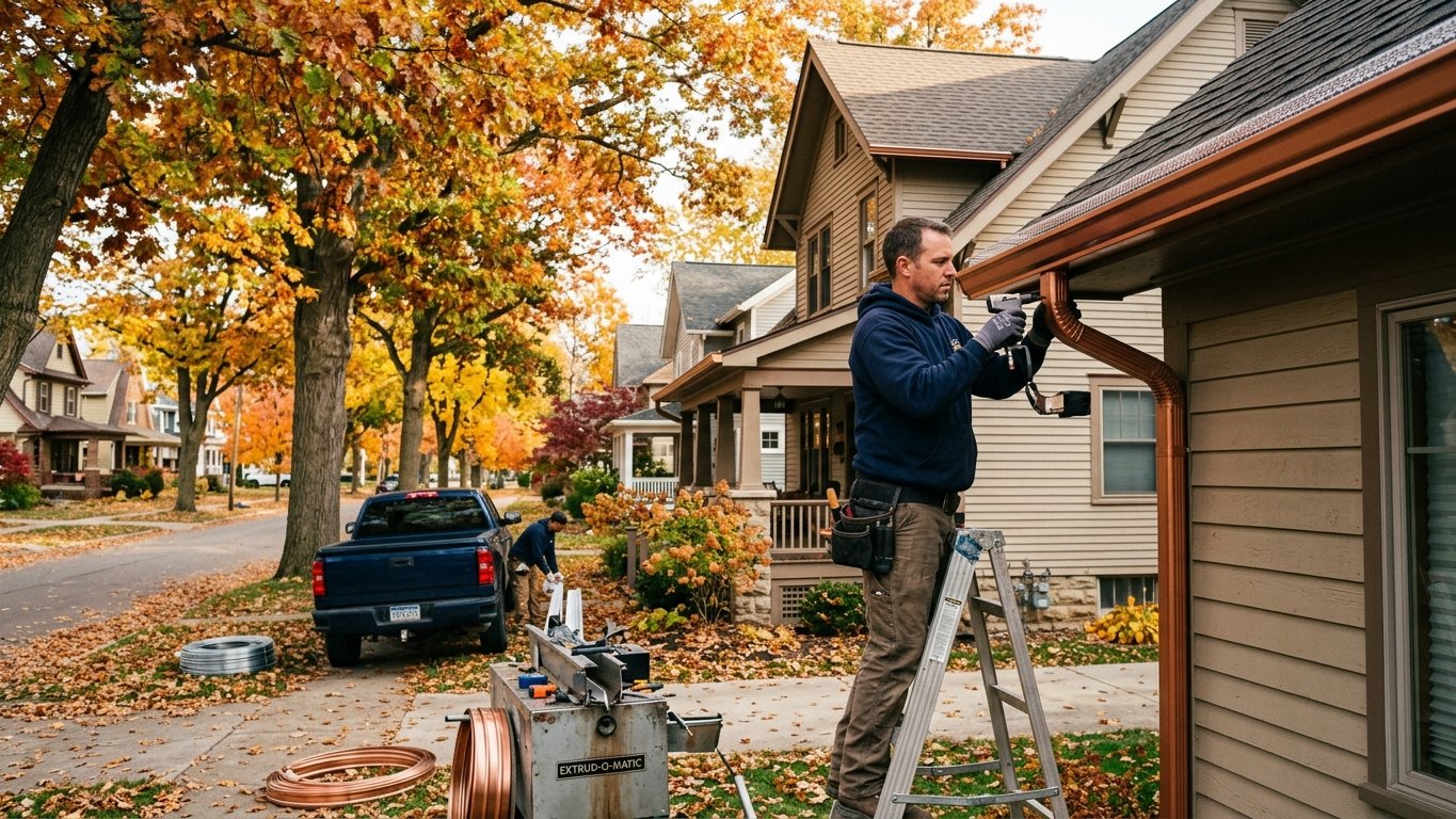 Seamless gutters along an older tree-lined home near downtown Plymouth, Michigan
