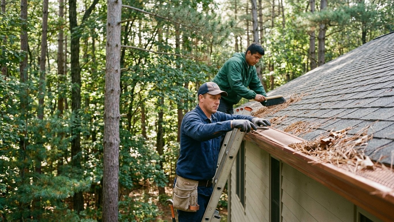 Micro-mesh guards keeping pine needles out of gutters on a wooded South Lyon, Michigan lot