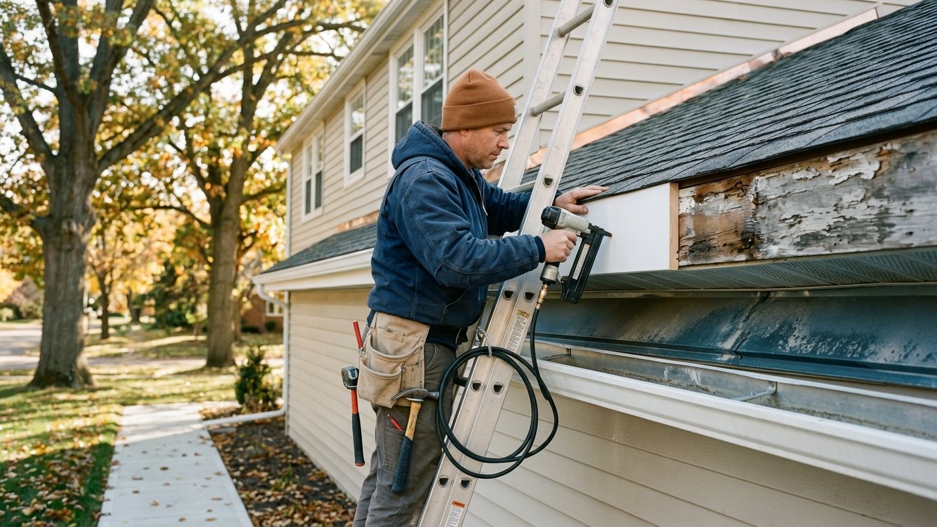 Carpenter replacing weathered fascia board behind a gutter line