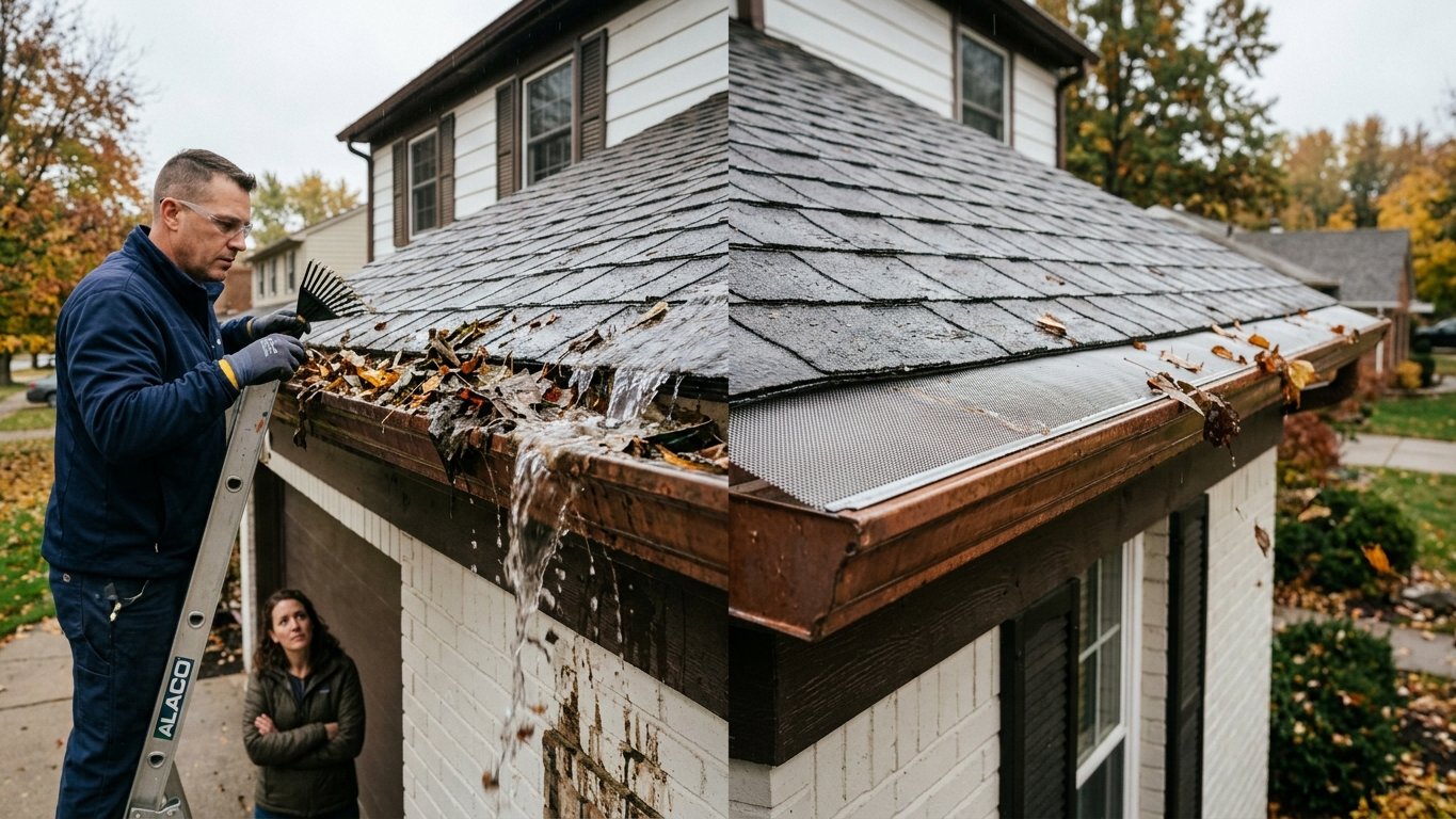 Side-by-side of a leaf-clogged gutter next to a clean guard-protected gutter